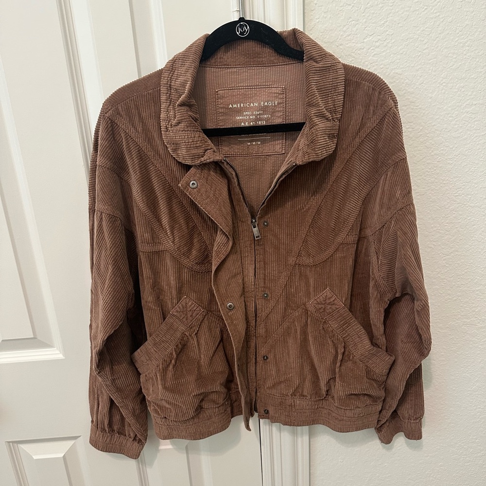 American Eagle Corduroy Bomber Jacket Womens M Brown Zip Up Snap Slouchy Retro